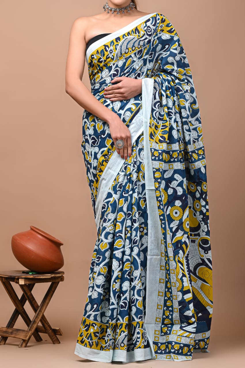 Blue Yellow White Floral Printed Handloom Cotton Mulmul Saree