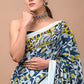 Blue Yellow White Floral Printed Handloom Cotton Mulmul Saree