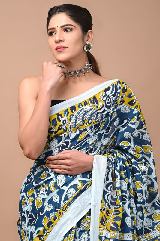 Blue Yellow White Floral Printed Handloom Cotton Mulmul Saree