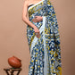 Blue Yellow White Floral Printed Handloom Cotton Mulmul Saree
