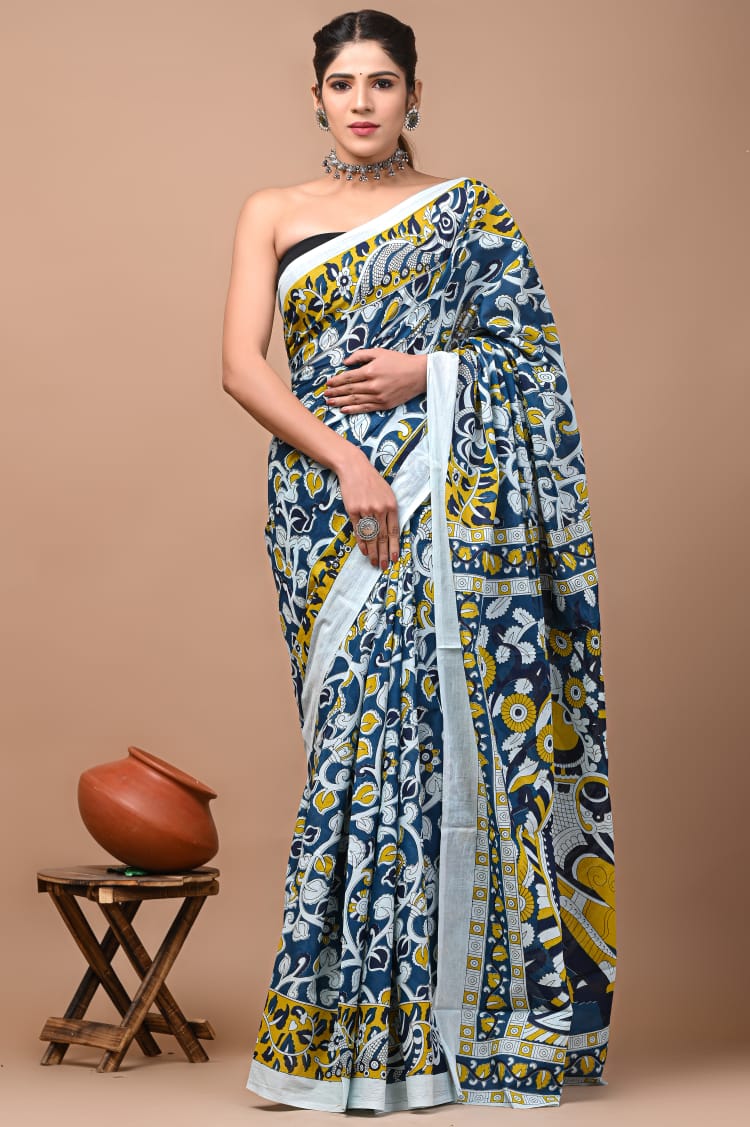 Blue Yellow White Floral Printed Handloom Cotton Mulmul Saree