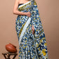 Blue Yellow White Floral Printed Handloom Cotton Mulmul Saree