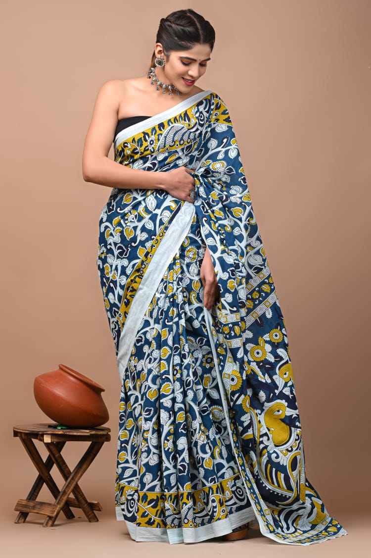 Blue Yellow White Floral Printed Handloom Cotton Mulmul Saree