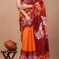 Red & Orange Printed Handloom Cotton Mulmul Saree