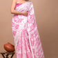 White & Pink Printed Handloom Cotton Mulmul Saree