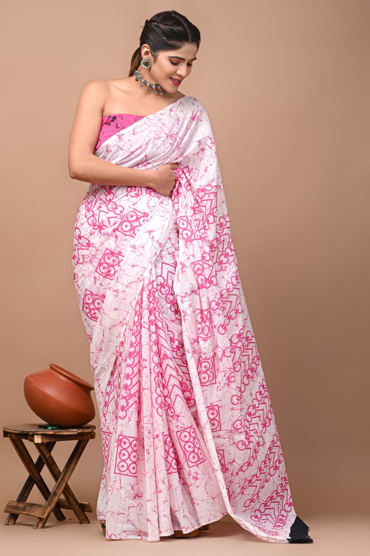 White & Pink Printed Handloom Cotton Mulmul Saree