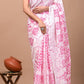 White & Pink Printed Handloom Cotton Mulmul Saree