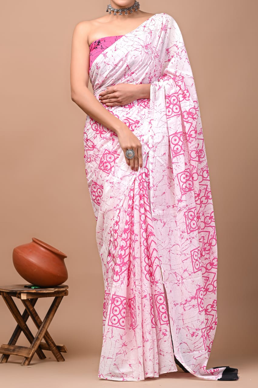 White & Pink Printed Handloom Cotton Mulmul Saree