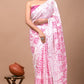 White & Pink Printed Handloom Cotton Mulmul Saree