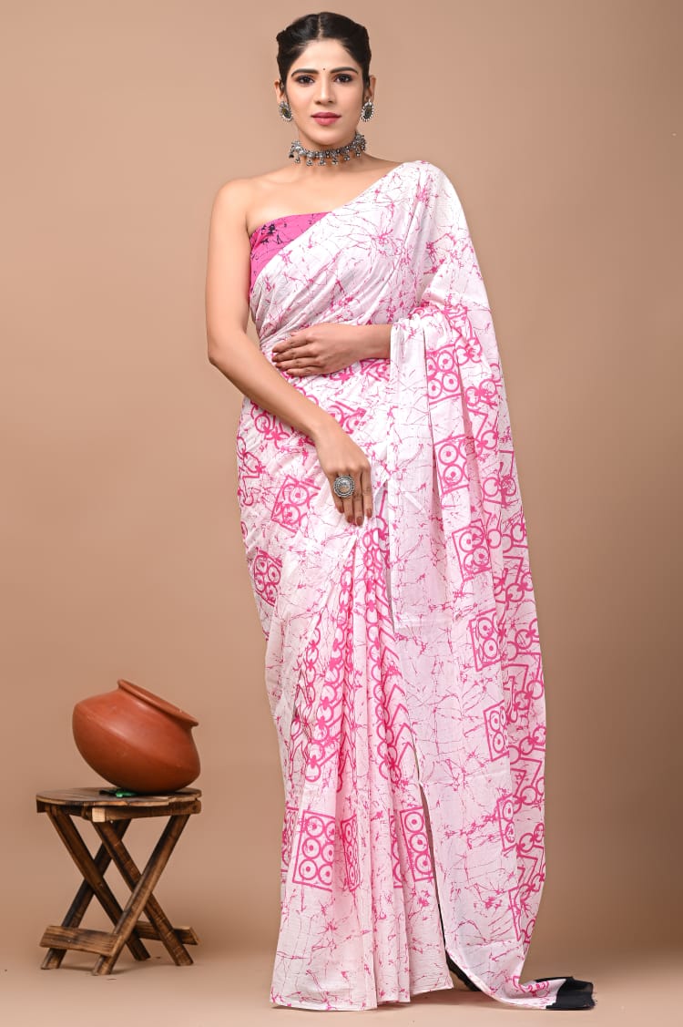 White & Pink Printed Handloom Cotton Mulmul Saree