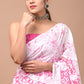 White & Pink Printed Handloom Cotton Mulmul Saree