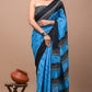 Blue & Black Printed Handloom Cotton Mulmul Saree