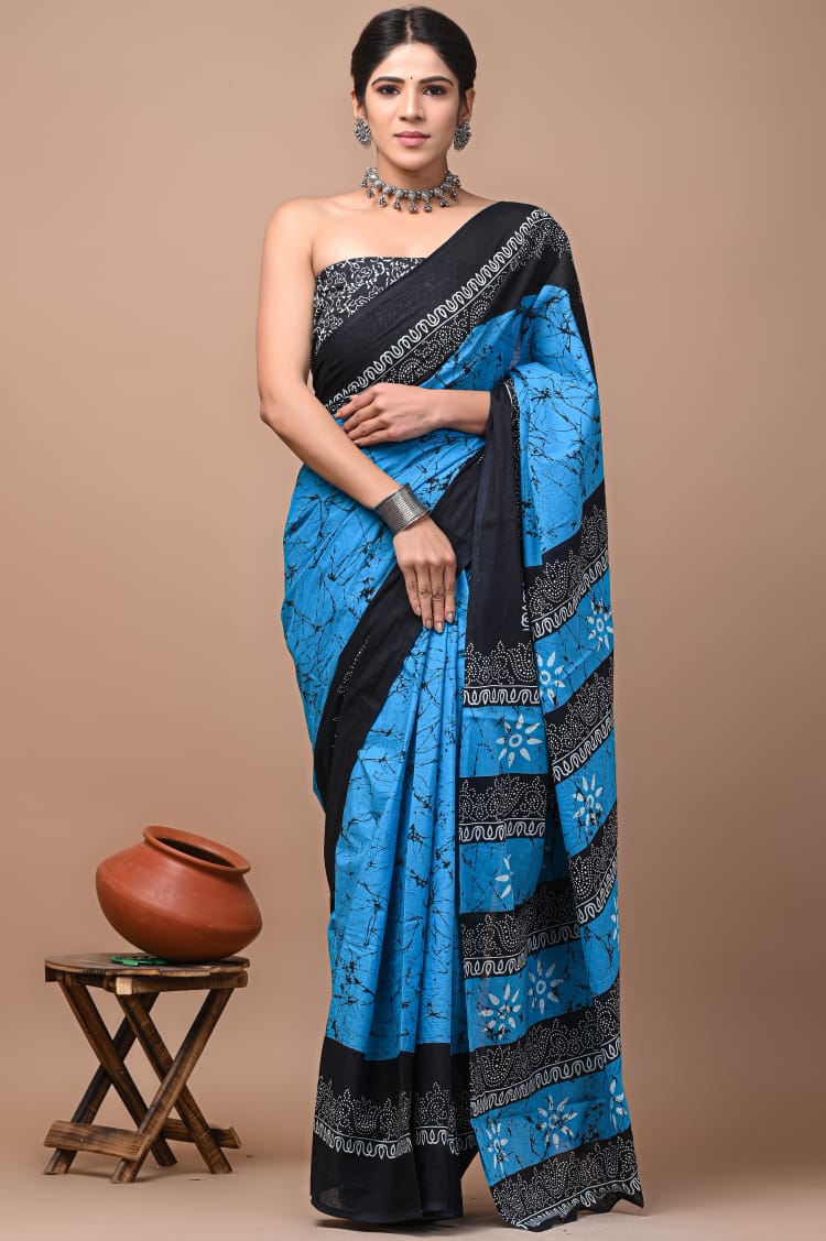 Blue & Black Printed Handloom Cotton Mulmul Saree