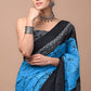 Blue & Black Printed Handloom Cotton Mulmul Saree