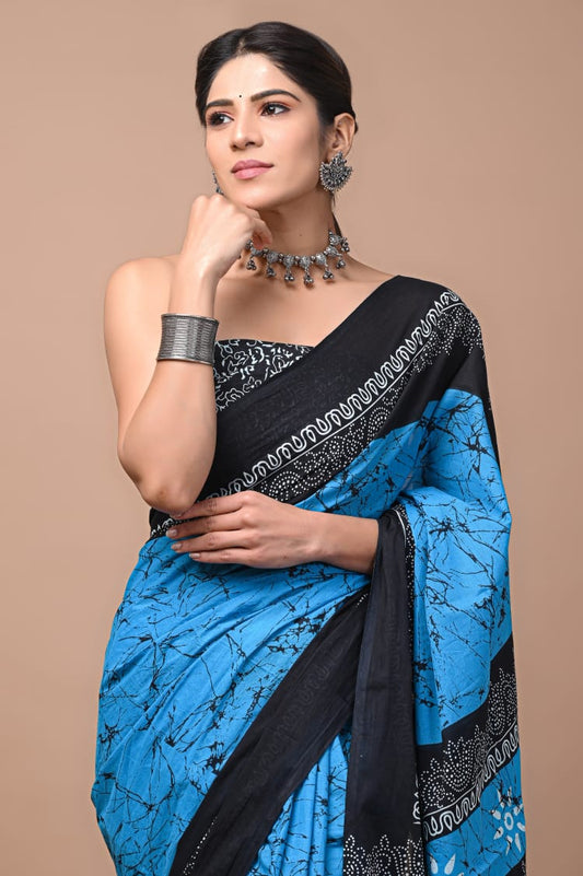 Blue & Black Printed Handloom Cotton Mulmul Saree