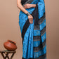 Blue & Black Printed Handloom Cotton Mulmul Saree