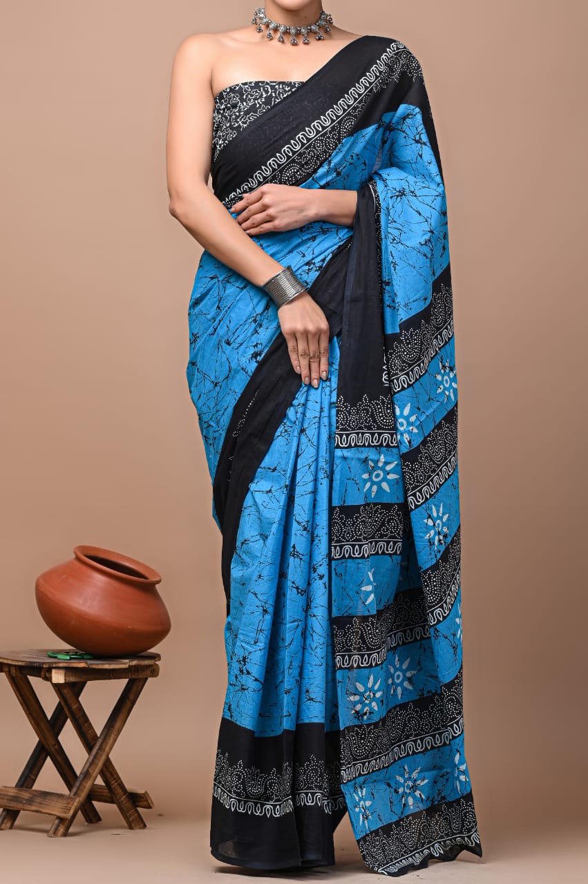 Blue & Black Printed Handloom Cotton Mulmul Saree