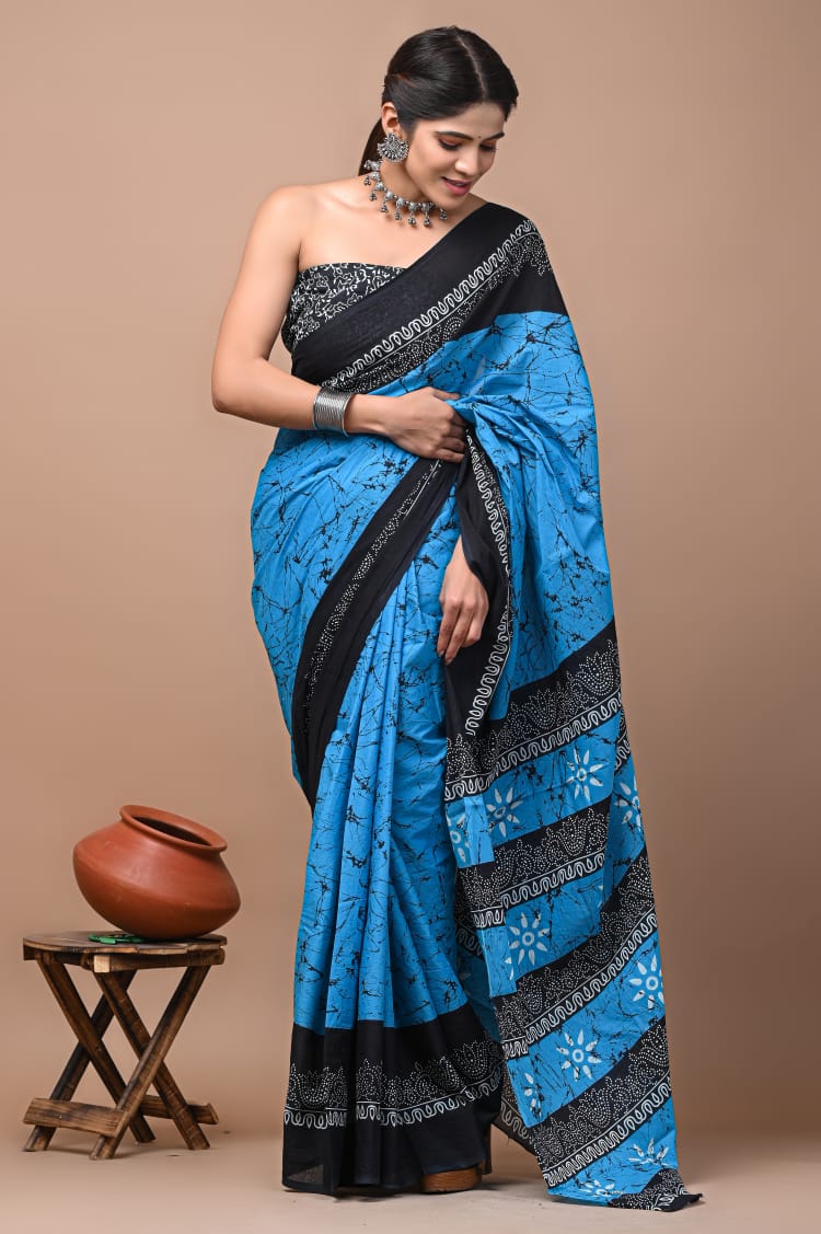 Blue & Black Printed Handloom Cotton Mulmul Saree