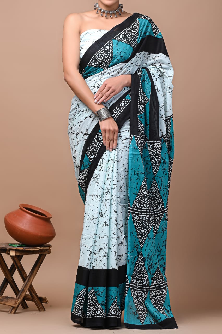 Light Green Printed Handloom Cotton Mulmul Saree