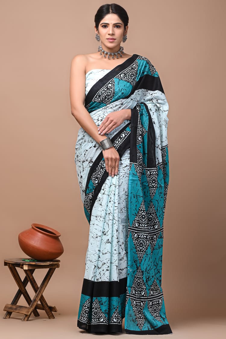 Light Green Printed Handloom Cotton Mulmul Saree