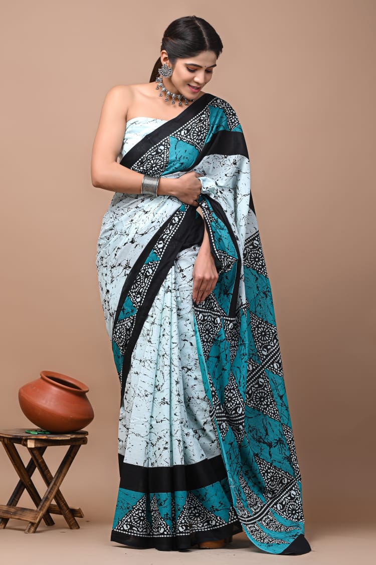 Light Green Printed Handloom Cotton Mulmul Saree