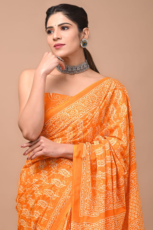 Orange Printed Handloom Cotton Mulmul Saree