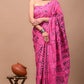 Pink Printed Handloom Cotton Mulmul Saree