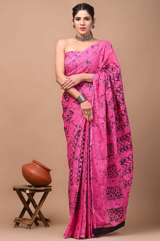 Pink Printed Handloom Cotton Mulmul Saree