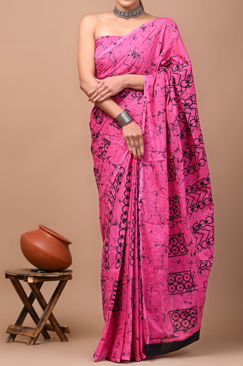 Pink Printed Handloom Cotton Mulmul Saree