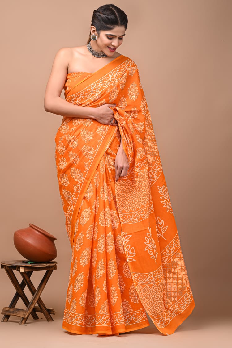 Orange Printed Handloom Cotton Mulmul Saree