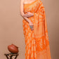 Orange Printed Handloom Cotton Mulmul Saree