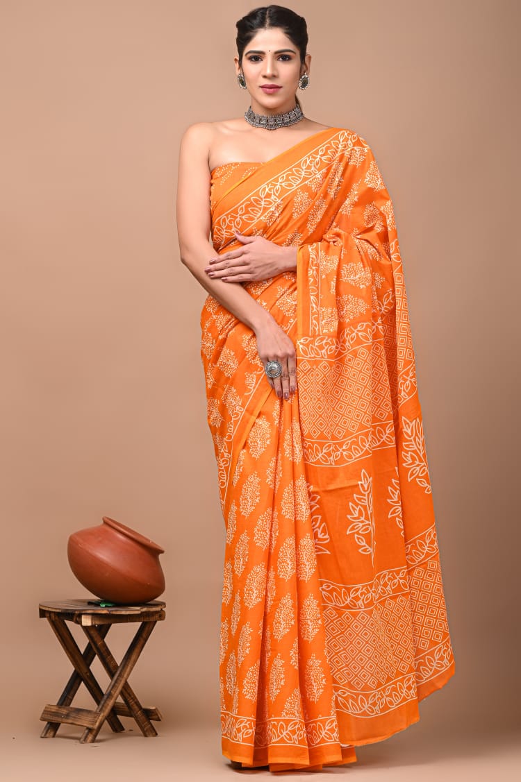 Orange Printed Handloom Cotton Mulmul Saree