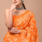 Orange Printed Handloom Cotton Mulmul Saree