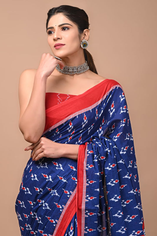 Navy Blue Printed Handloom Cotton Mulmul Saree