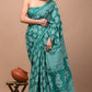 Rama Green Block Printed Handloom Cotton Mulmul Saree