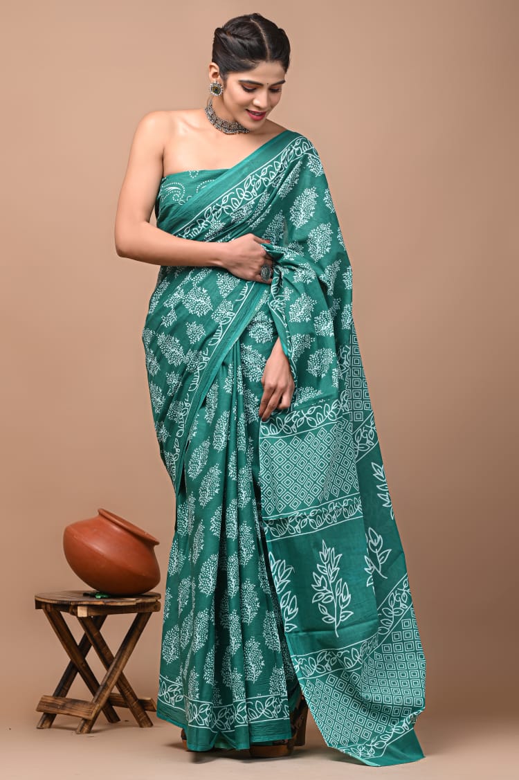 Rama Green Block Printed Handloom Cotton Mulmul Saree