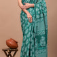 Rama Green Block Printed Handloom Cotton Mulmul Saree