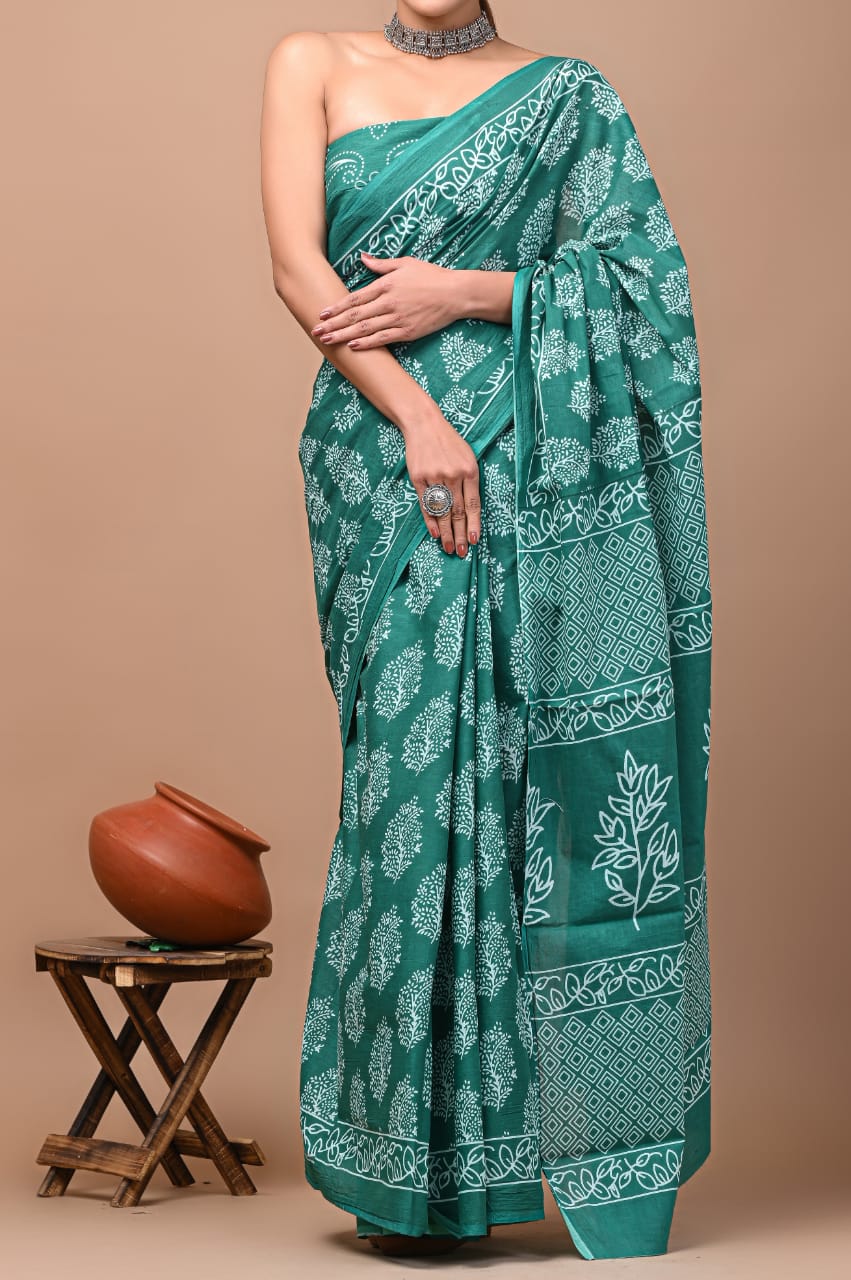 Rama Green Block Printed Handloom Cotton Mulmul Saree