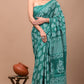 Rama Green Block Printed Handloom Cotton Mulmul Saree