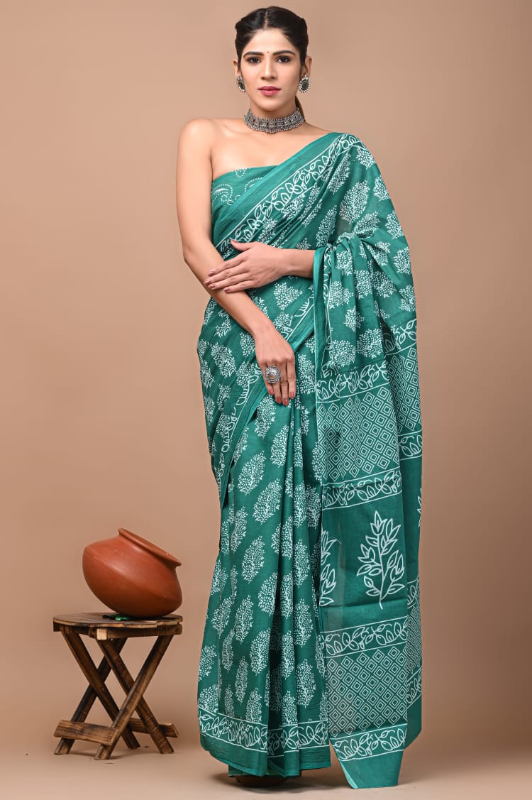 Rama Green Block Printed Handloom Cotton Mulmul Saree