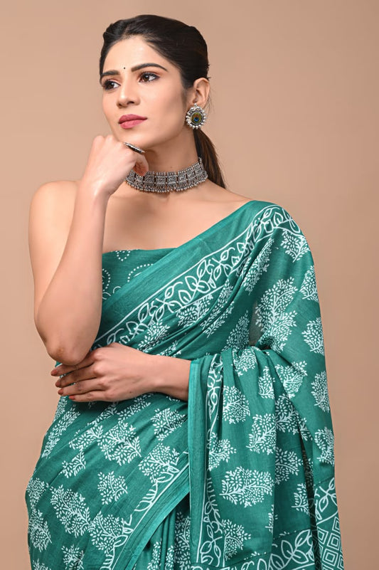 Rama Green Block Printed Handloom Cotton Mulmul Saree