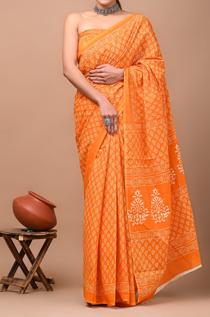 Orange Printed Handloom Cotton Mulmul Saree