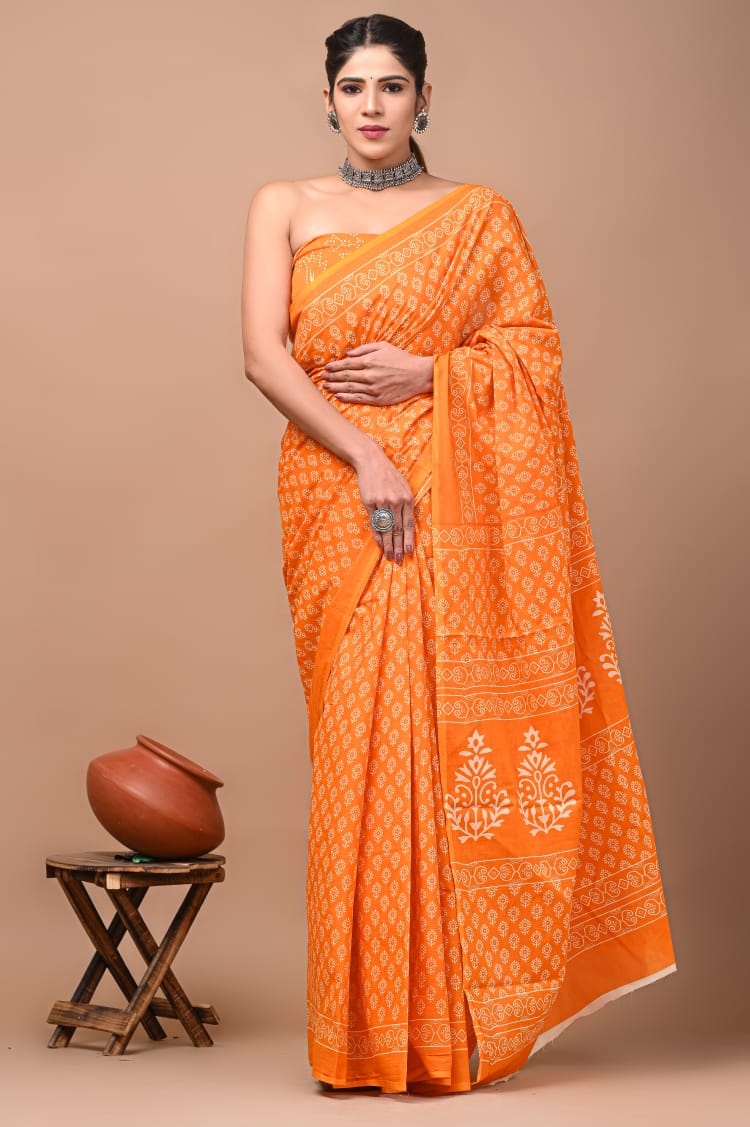 Orange Printed Handloom Cotton Mulmul Saree