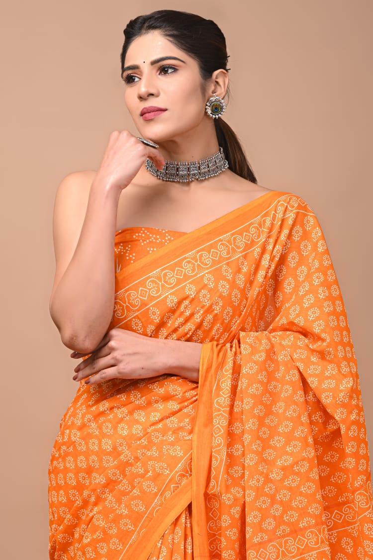 Orange Printed Handloom Cotton Mulmul Saree