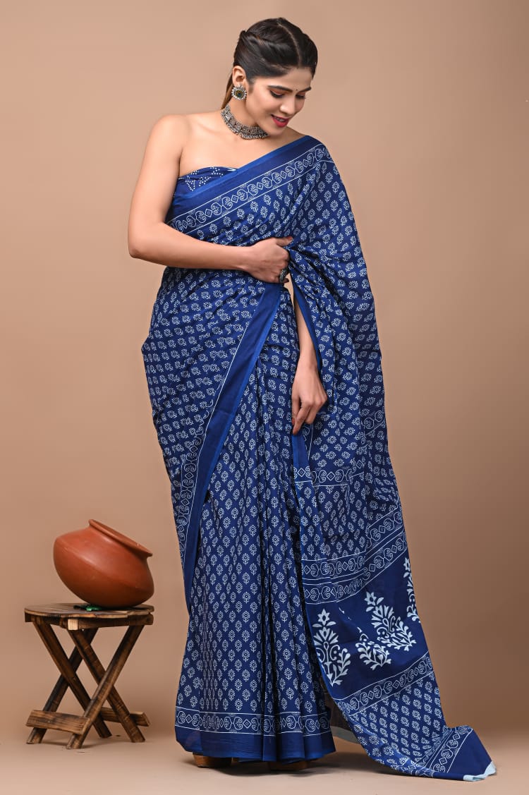 Blue Printed Handloom Cotton Mulmul Saree