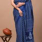 Blue Printed Handloom Cotton Mulmul Saree