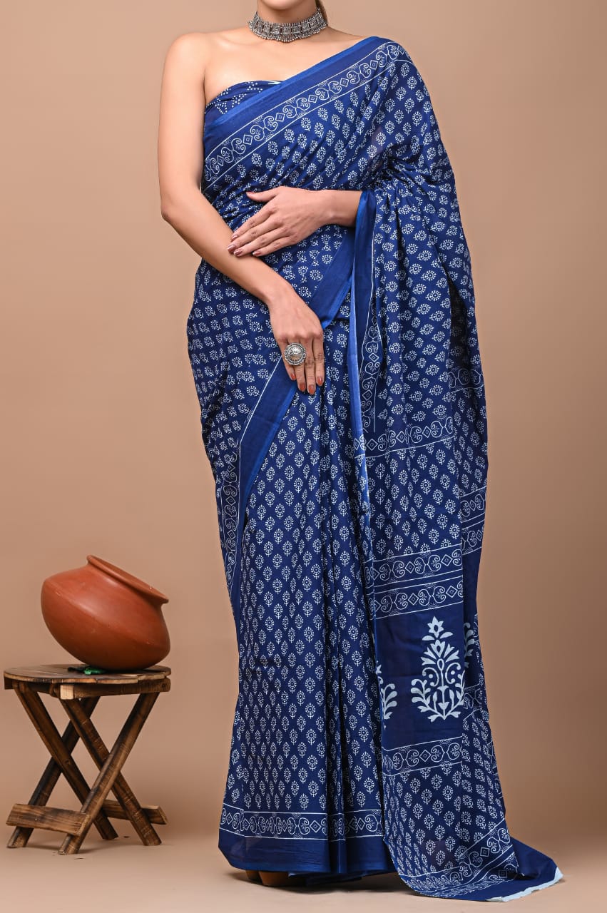 Blue Printed Handloom Cotton Mulmul Saree