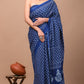 Blue Printed Handloom Cotton Mulmul Saree