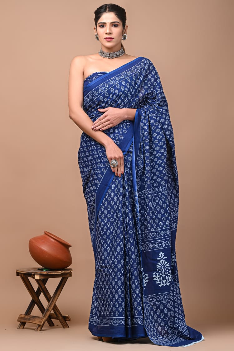 Blue Printed Handloom Cotton Mulmul Saree