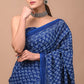 Blue Printed Handloom Cotton Mulmul Saree